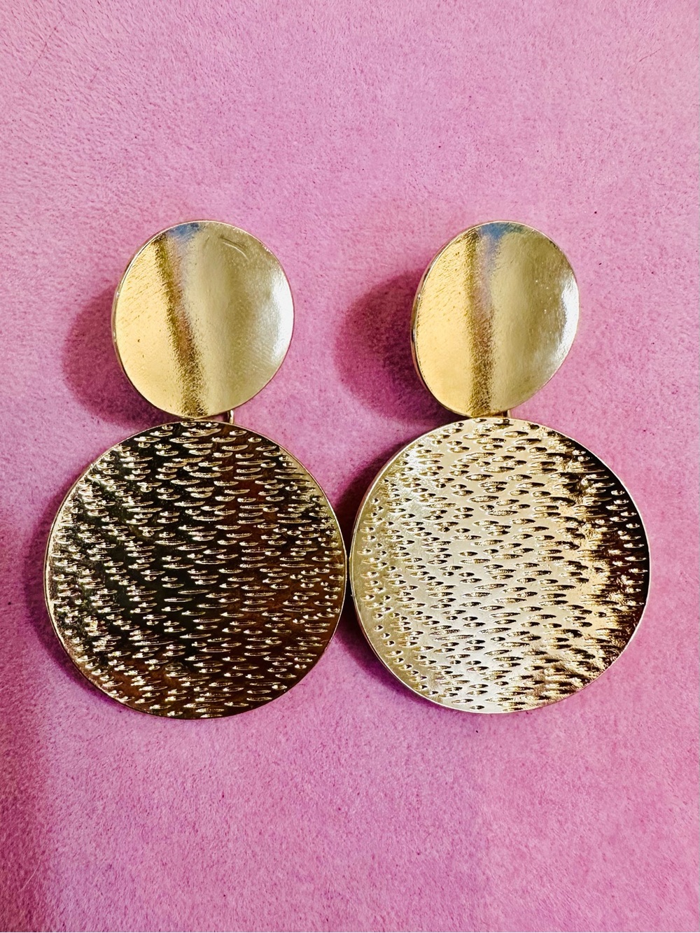 NWT Gold Tone Textured Double Disc Statement Earrings